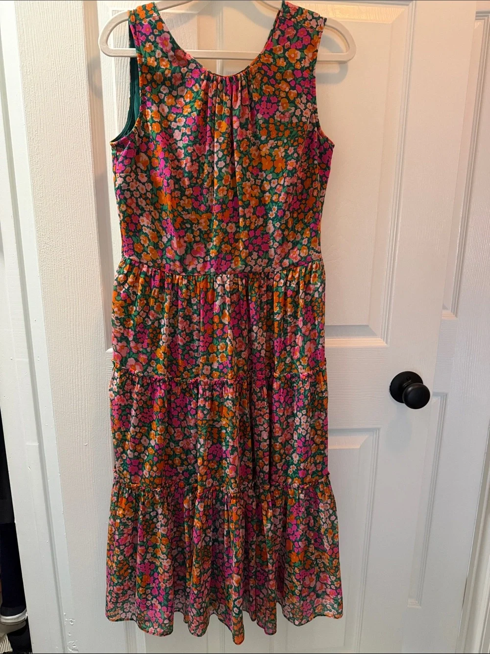 J. Crew Floral Tiered Midi Dress in Green, Pink & Orange